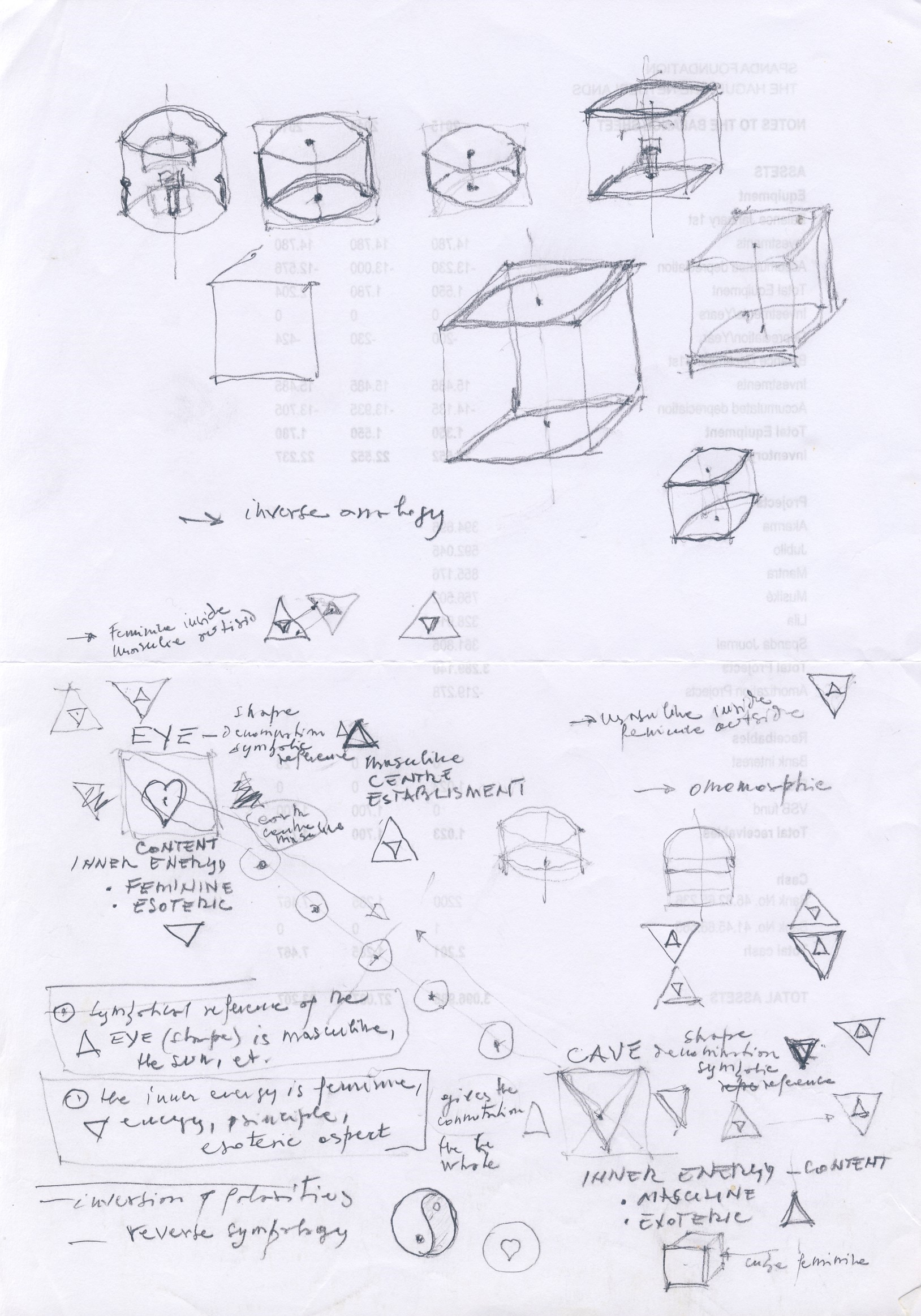 Conceptual sketch for shaping the Eye in the cube; inversion of polarities, 2019. Pencil on paper, 29.7 x 21 cm.